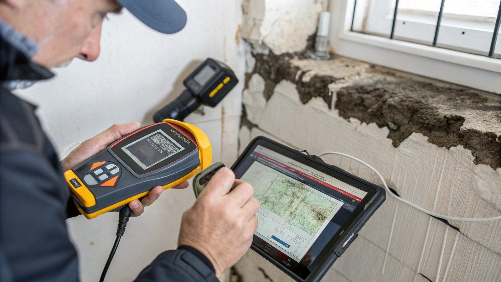 Professional surveyor using thermal imaging camera and moisture meter during property inspection
